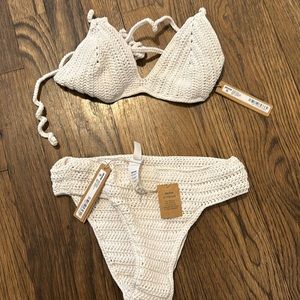 Crochet top sz Medium and bottoms sz Small. Fits true to size with stretch.